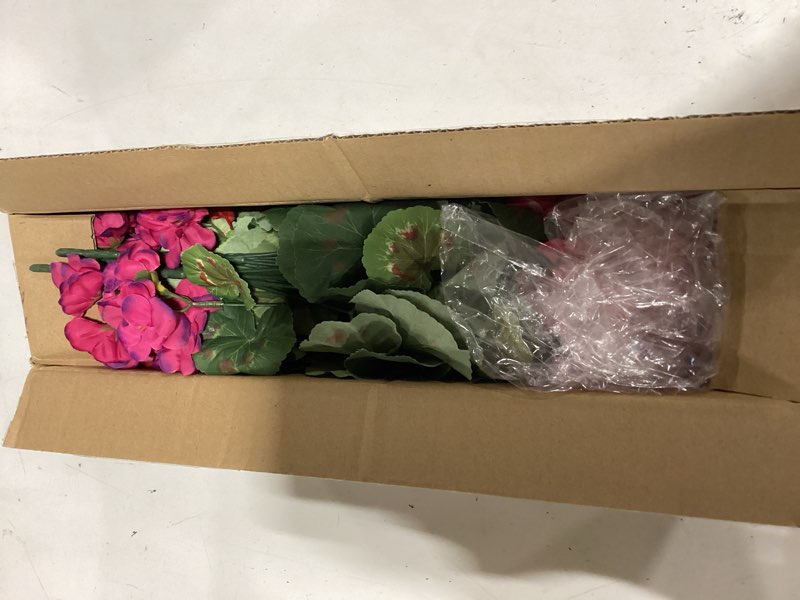 Condition photo showing Good Condition for artificial geraniums fake flowers for outdoors decoration, 6 bundles silk geraniums flower uv resistant look real faux plants for front door garden porch planter patio balcony yard indoor home, mix 2 red, 2 fuchsia, 2 pink