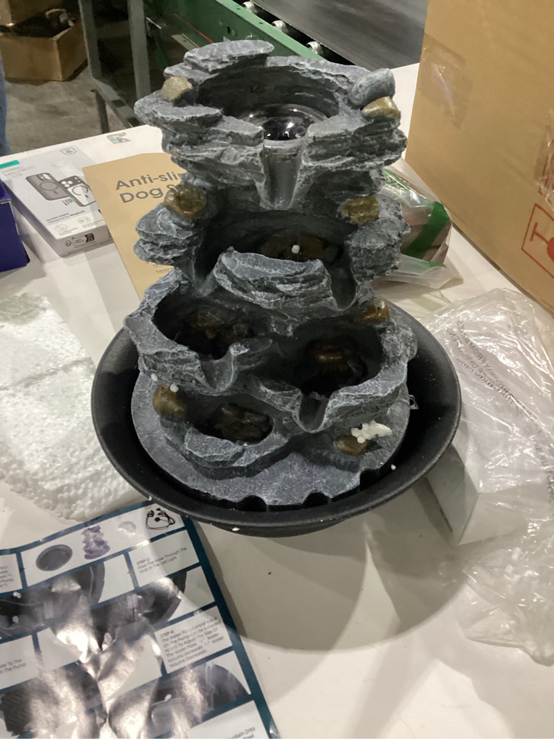 Condition photo showing As Is for 8.3" High 4-Tier Cascading Rock Falls Tabletop Water Fountain with LED Light & Spinning Ball - Indoor Small Waterfall Feature for Office, Home and Bedroom Desktop Decor Dark Grey Dark Grey 8.3" high