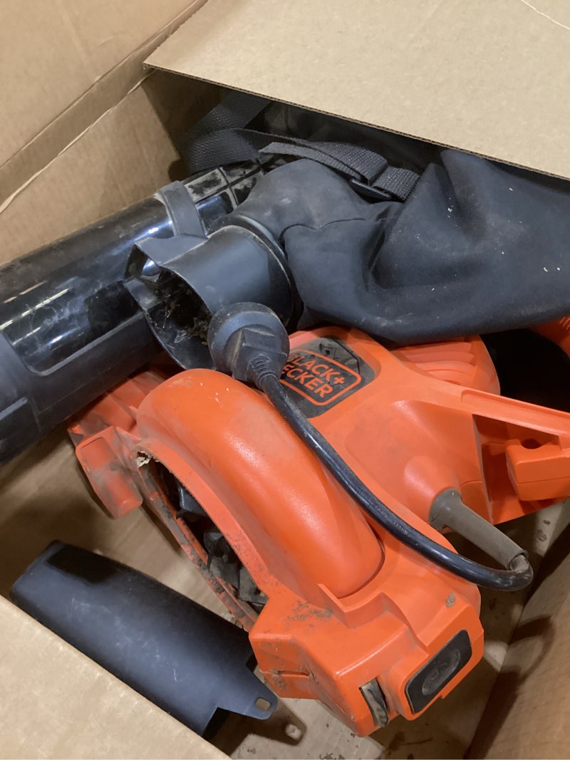 Condition photo showing As Is for black+decker corded leaf blower leaf vacuum and leaf mulcher 3-in-1, up to 230 mph, 12 amp handheld blower and vacuum combo (bv3600)