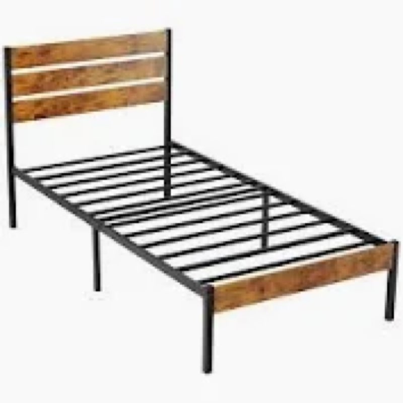 Yicensen Metal Twin Bed Frames with Wooden Headboard, Heavy Duty Twin Bed Frame with Steel Slat Supp