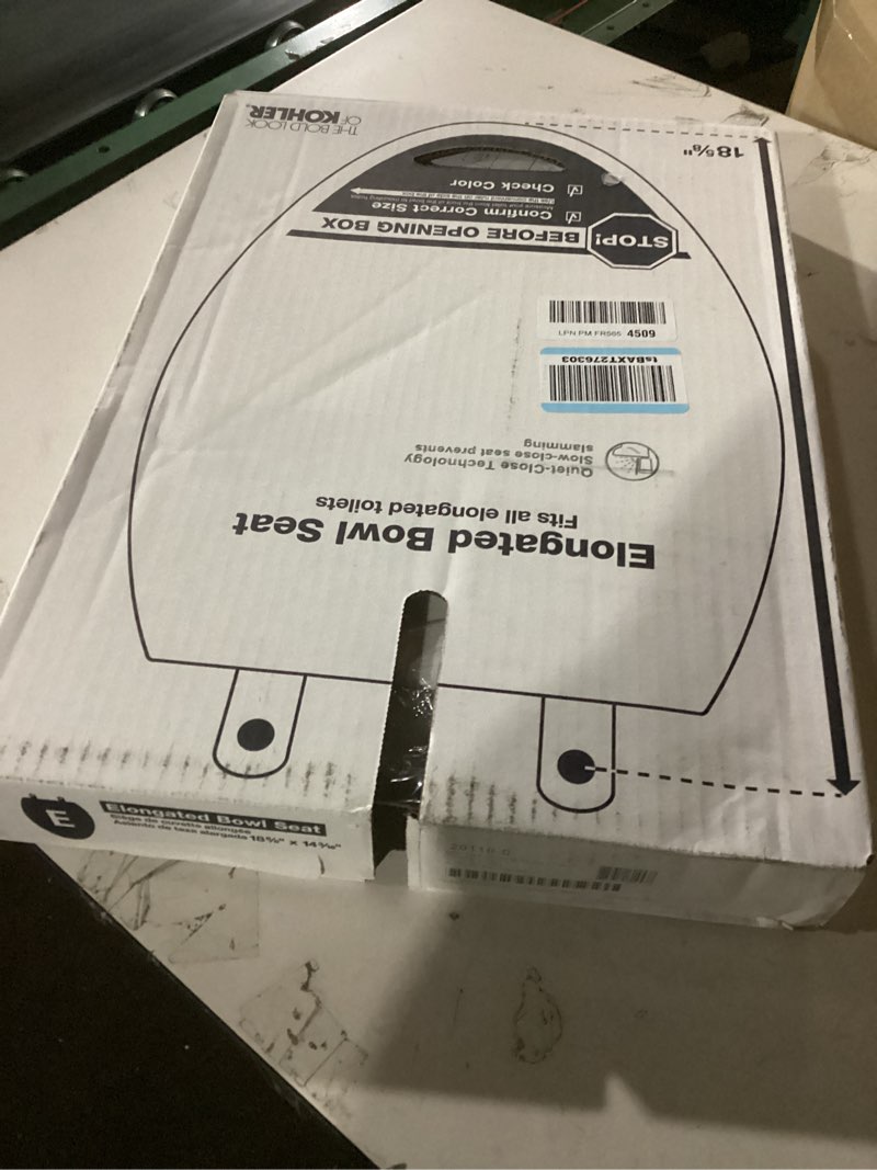 Condition photo showing New/Like New for kohler k-20110-0 brevia elongated toilet seat with grip-tight bumpers, quiet-close seat, quick-attach hardware, white
