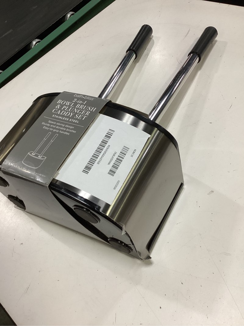 Condition photo showing As Is for bath bliss 2-in-1 toilet brush and plunger set in stainless steel