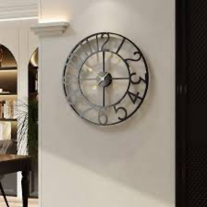 Black 16 Inch Wall Clock Decorative, Modern Metal Clock for Lving Room, Battery-Operated Silent Non 