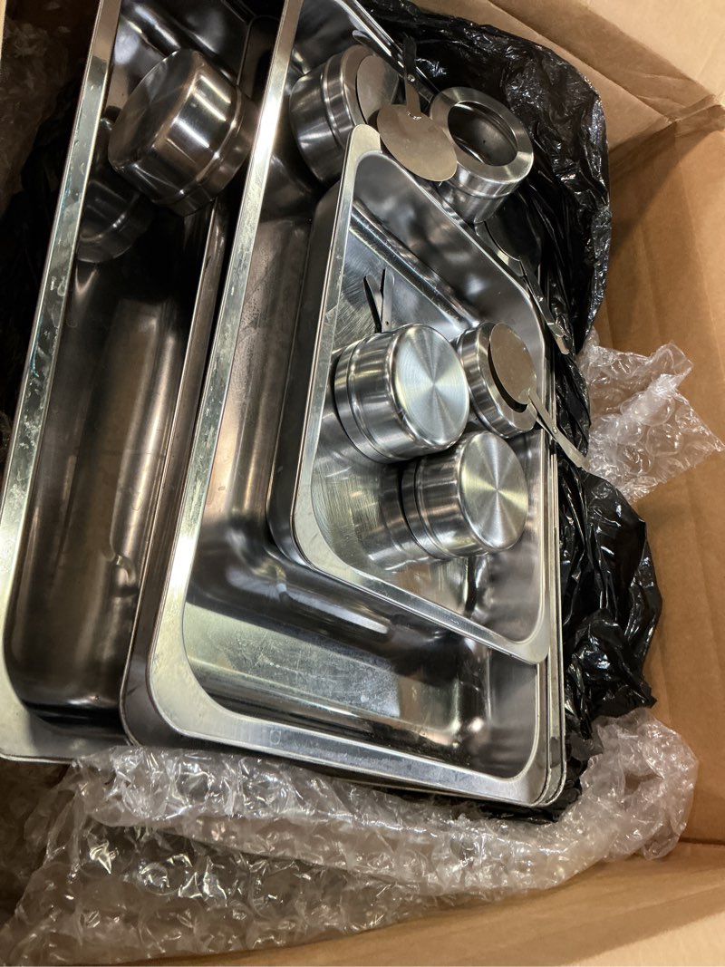 Condition photo showing As Is for 9qt chafing dishes for buffet 4pack, 304 stainless steel chafing dish buffet set with folding frame, food warmers for parties, catering supplies, warming trays for buffets party, multiple food pans silver-001