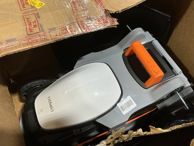 Condition photo showing As Is for litheli cordless lawn mower 13 inch, u20 handy+ 20v electric lawn mowers for garden, yard and farm, 5 heights adjustment, light weight,4.0ah portable battery included orange 1 battery 13 inch