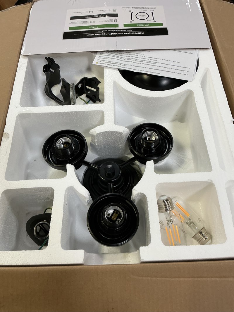 Condition photo showing As Is for Hunter Bennett 52-inch Indoor Matte Black Rustic Ceiling Fan With Bright LED Light Kit, Remote Control, and Reversible WhisperWind Motor Included Matte Black Finish