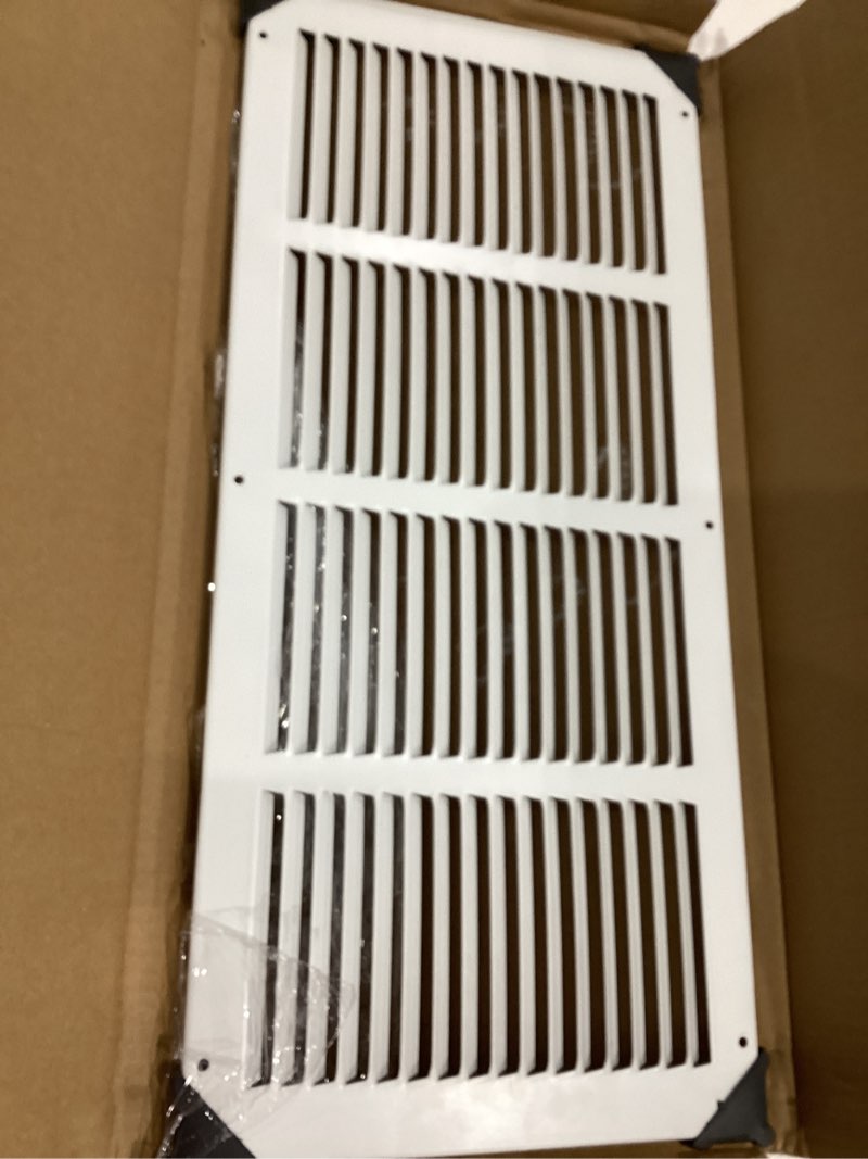 Condition photo showing As Is for Fits 20x8 Duct Opening Stamped Steel Return Air Grille Vent Cover Grille for Sidewall and Ceiling in White Surface Dimensions: 21.75"W X 9.75"H (20" W x 8" H Duct Opening)