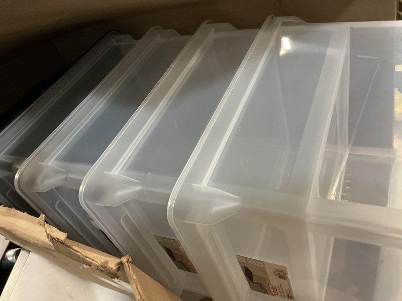 Condition photo showing As Is for (pack of 4) sterilite file box  clear plastic bin with black lid  letter or legal-sized file storage