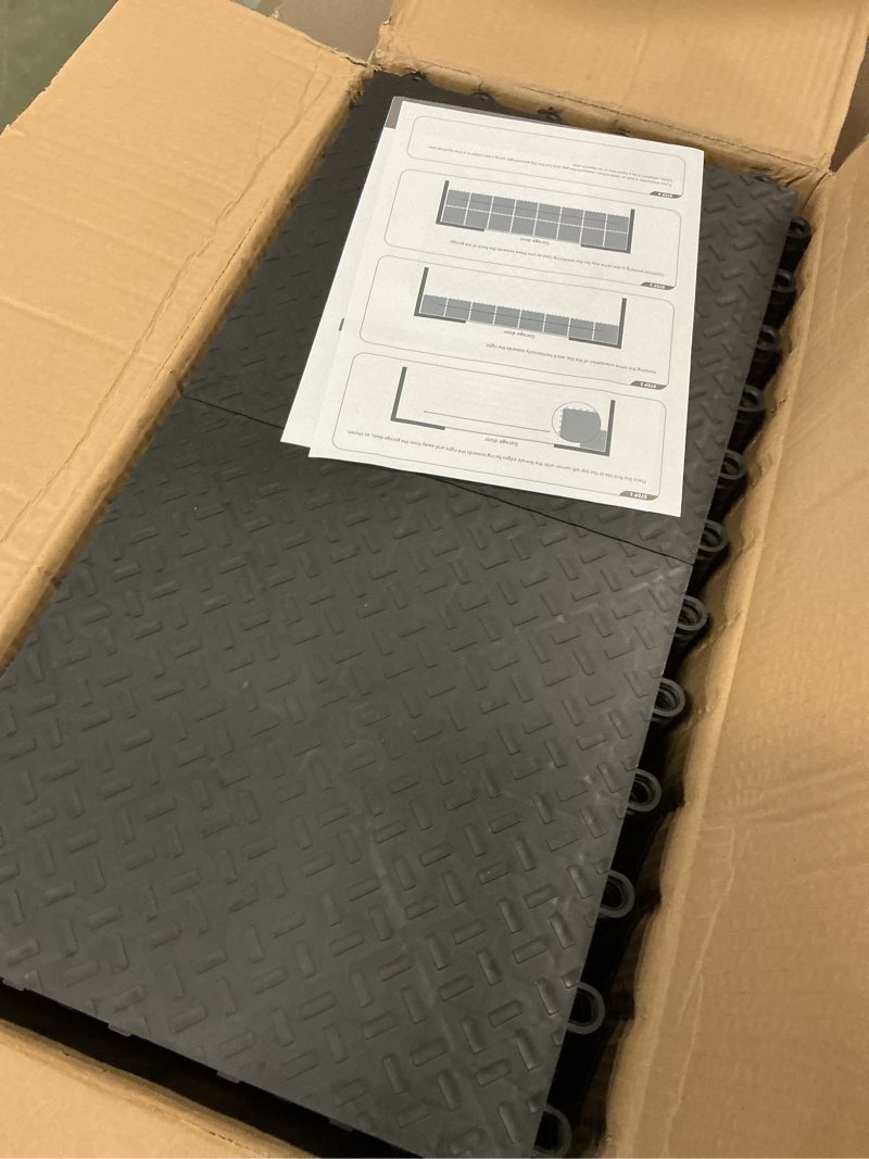 Condition photo showing Good Condition for Garage Floor Tiles Interlocking Garage Flooring Tiles Pack of 48 Antislip Oil and Stain Resistant for Garages Shop Floors Basements 40000 LBS Load Capacity 12x12 Inch Black Color