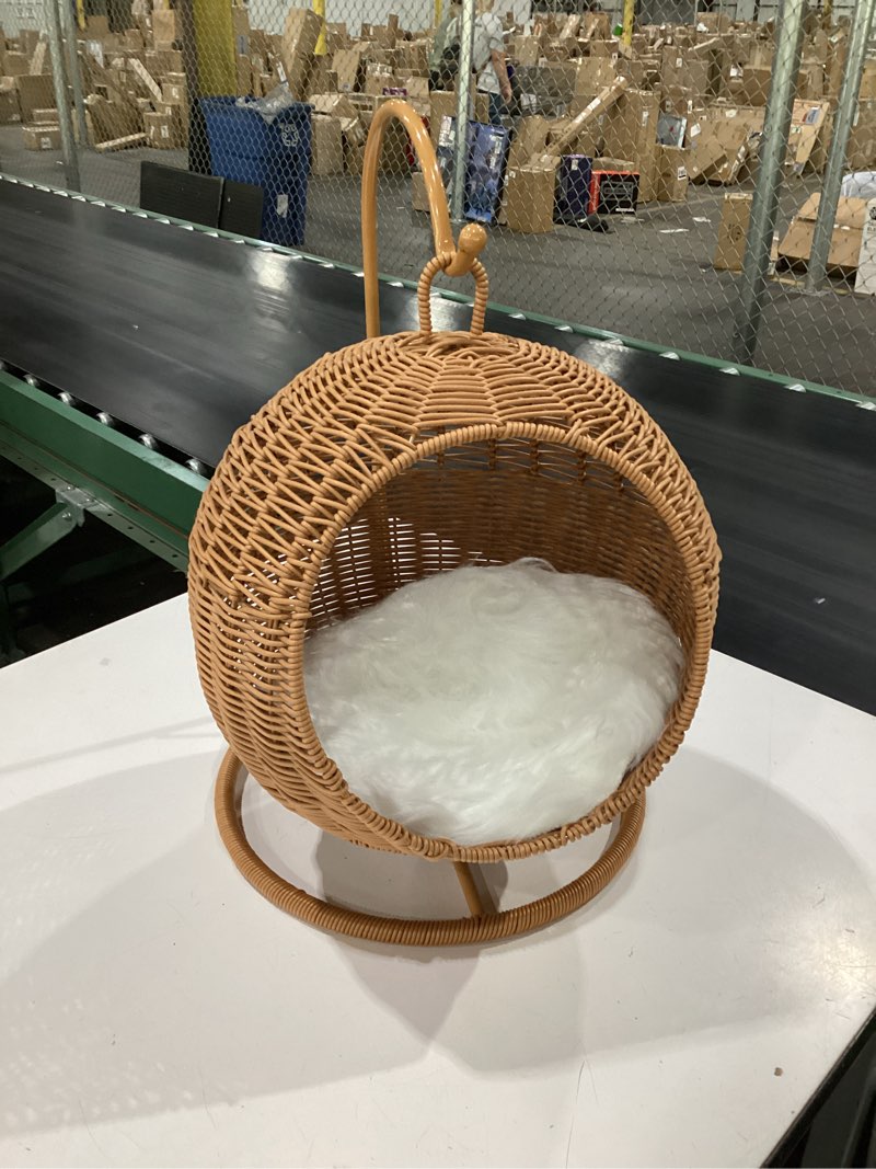 Condition photo showing New/Like New for wicker cat bed indoor & outdoor, handwoven pp rattan cat swing bed with removable washable cushion, breathable waterproof cat house for cats & small dogs (small–11.4" l × 18.9" h)