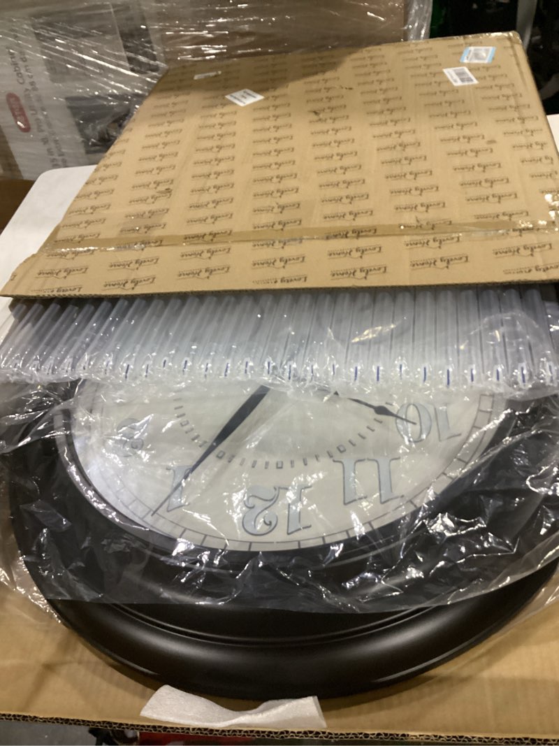 Condition photo showing As Is for (similar to )presentime & co 24\" jameson illuminated in/outdoor clock, modern farmhouse, self-illuminated, waterproof, weather station (thermometer & hygrometer), metal clock, morning silver. (night light)