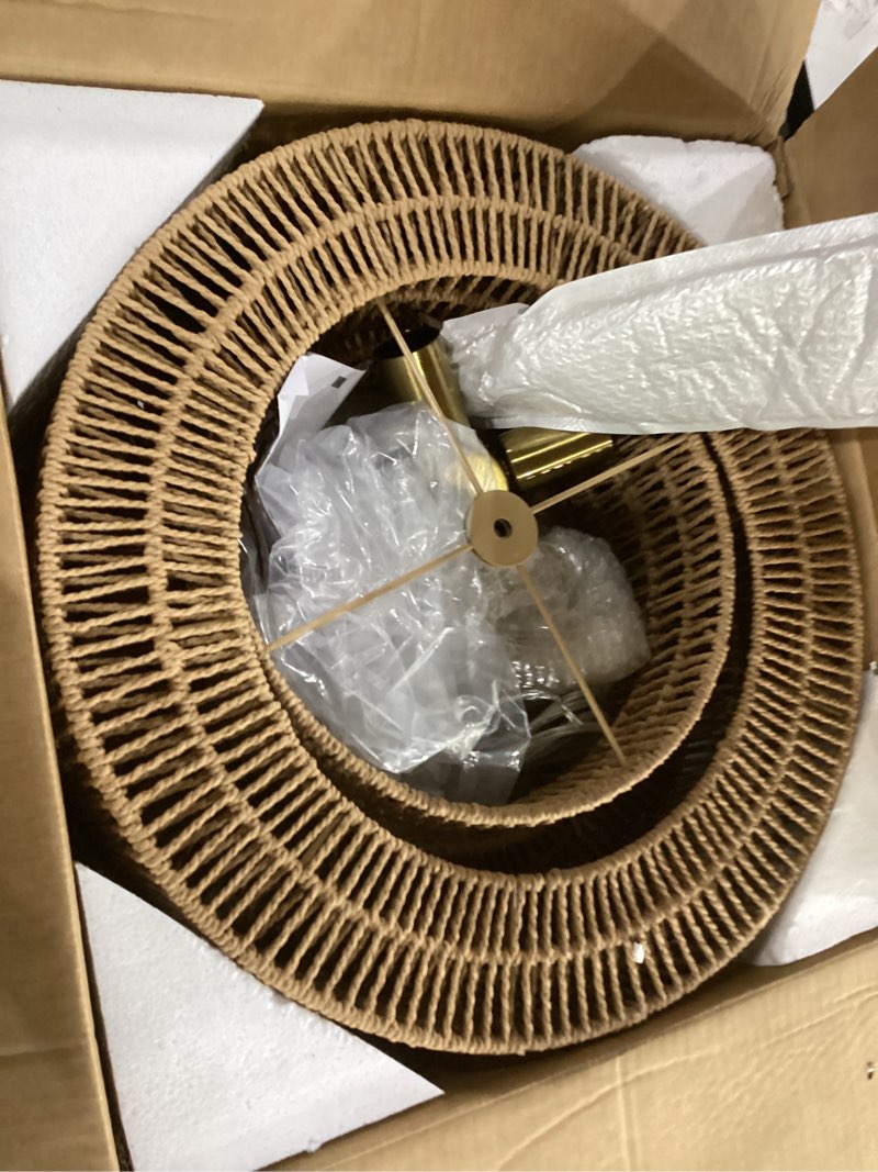 Condition photo showing New/Like New for 4-light boho rattan chandelier light fixture, 17.7” hand woven rustic chandeliers farmhouse chandelier hanging light for dining room kitchen island, living room, foyer