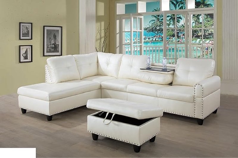 Incomplete, only 1 box. Golden Coast Furniture Living Room Sectional Sofa Set, Faux Leather Sectional Sofa Couch Set with Storage Ottoman (Ivory White, Left Hand Facing), GF099XX
