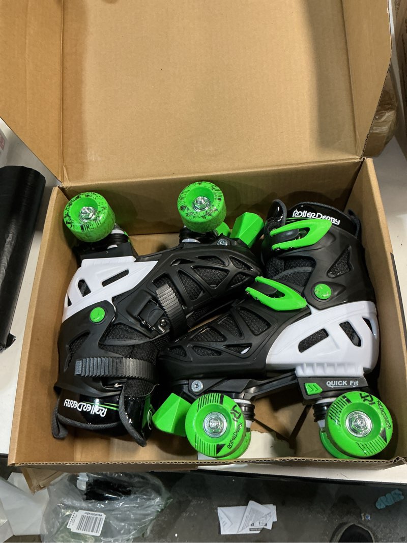 Condition photo showing As Is for roller derby trac star adjustable skates for kids, beginners black/green large (3-6)