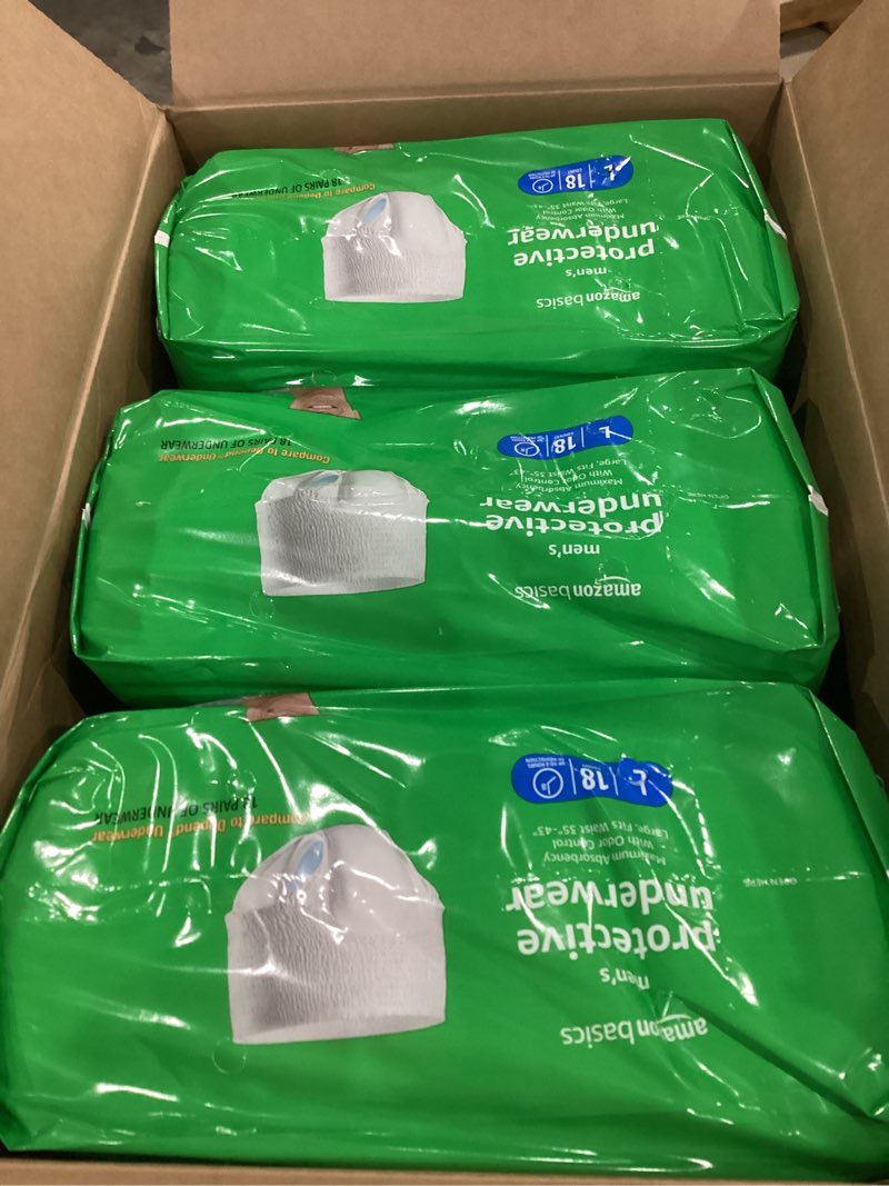 Condition photo showing Good Condition for amazon basics maximum absorbency incontinence underwear for men with leak protection and odor control, large, 54 count (3 packs of 18)