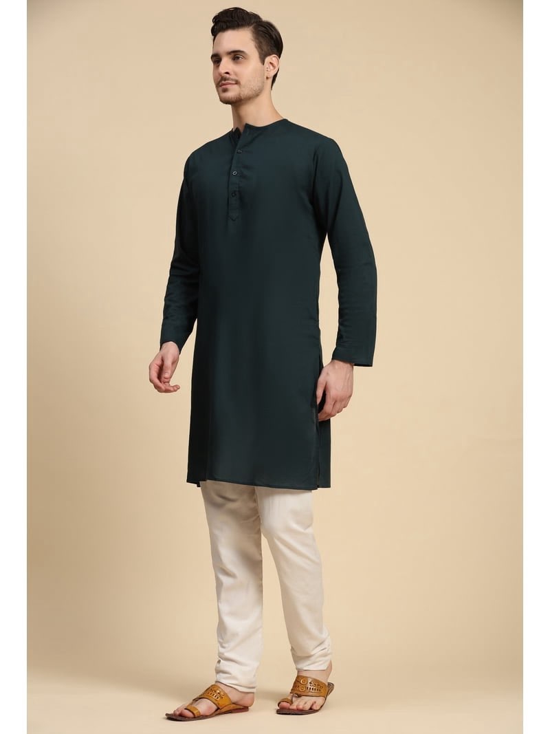 skavij men's cotton 2 piece set casual straight longline round neck shirt solid pant regular outfit (l ,green)