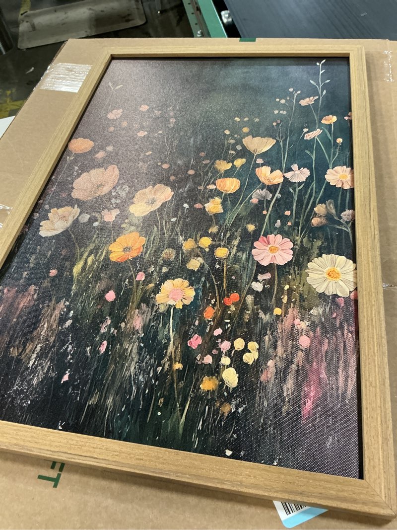 Condition photo showing As Is for Wood Framed Vintage Wildflower Wall Art, Dark Green Moody Flower Botanical Wall Decor Paintings, Nature Floral Landscape Artwork Posters Prints Pictures for Living Room Bedroom 16x24 Inch Dark Flowers Framed 24"L x 16"W