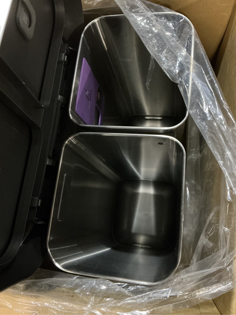 Condition photo showing Good Condition for simplehuman 58 liter / 15.3 gallon rectangular dual compartment recycling step, brushed stainless steel with soft-close plastic lid kitchen trash can