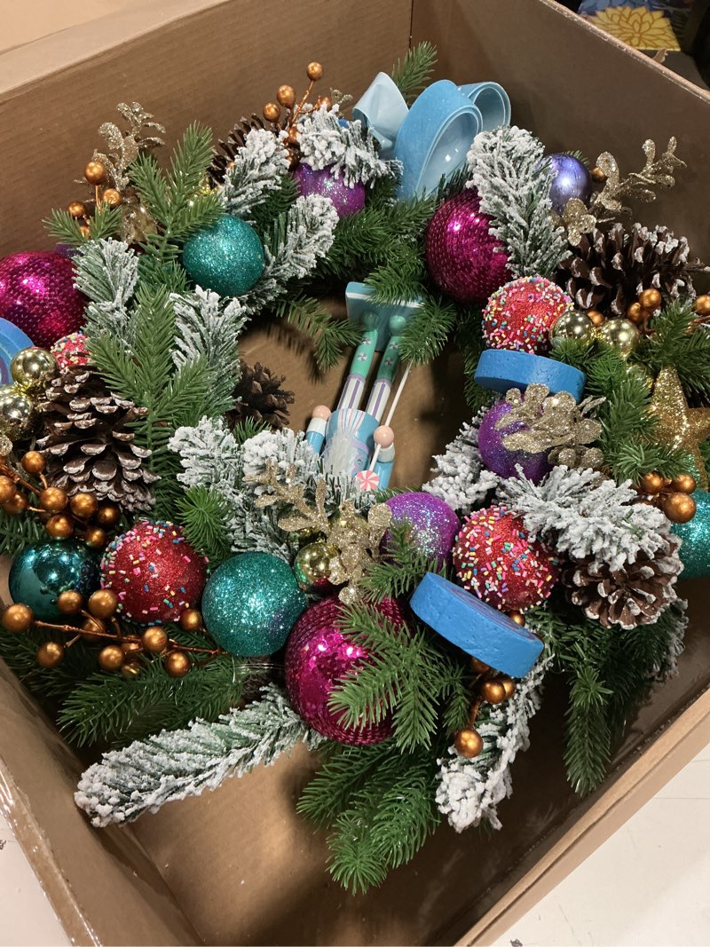 Condition photo showing Good Condition for Pre-lit Christmas Wreath 28 Inch, Christmas Nutcracker Wreath Decoration for Home Front Door Porch Wall Winter Xmas Holiday Decor