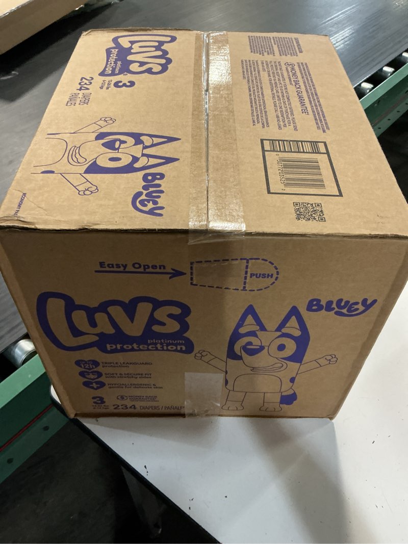 Condition photo showing New/Like New for luvs size 3 baby diapers, platinum protection bluey diapers for day & night, size 3, 234 count (packaging may vary) size 3 234