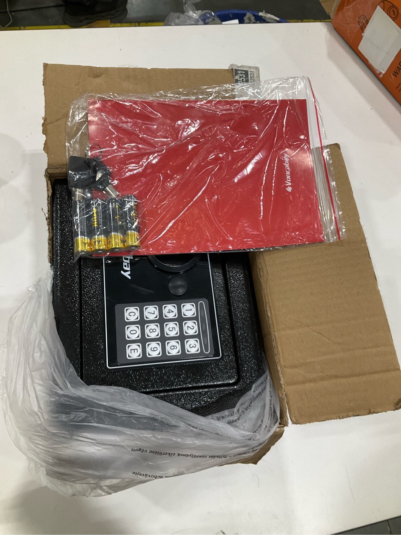 Condition photo showing Good Condition for Voncabay Money Safe Box for Home with Sensor Light & Fireproof Money Bag - 0.23 Cubic Feet Security Safe Box with Digital Keypad, Keys & Pass Code Lock, 9.05" W x 6.69" D x 6.69" H, Black Black 0.23 Cubic Feet