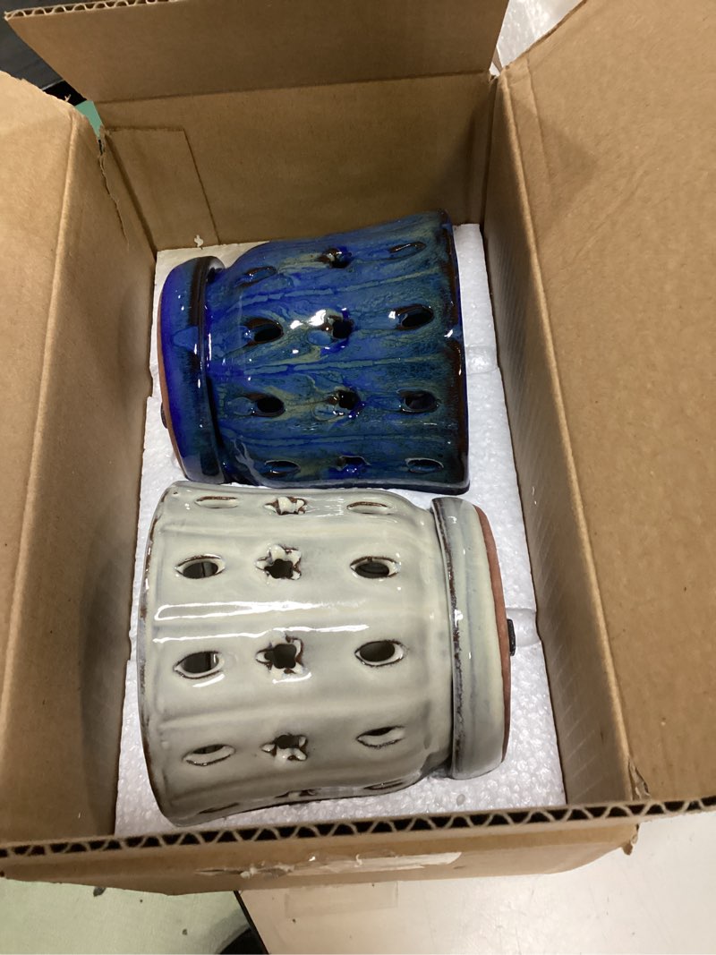 Condition photo showing New/Like New for orchid pots with holes attached saucers 5 inches - 2 pcs small ceramic pots for repotting, decorative ceramic orchid planter with hole for healthy root growth (white and blue)