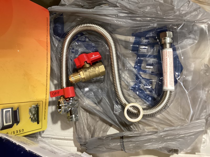 Condition photo showing As Is for mr. heater one stop universal gas appliance hook-up kit chrome/silver stainless steel incomplete