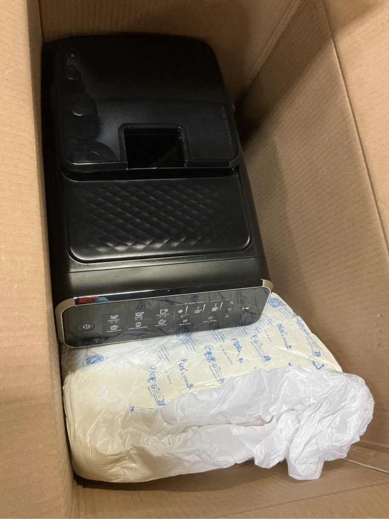 Condition photo showing As Is for philips 3300 series fully automatic espresso machine with integrated milk frother and grinder, 5 hot & iced coffee pre-sets, 40% quieter silentbrew, 15-bar pressure, glossy black (ep3326/90) black chrome 9.7"d x 17"w x 14.6"h