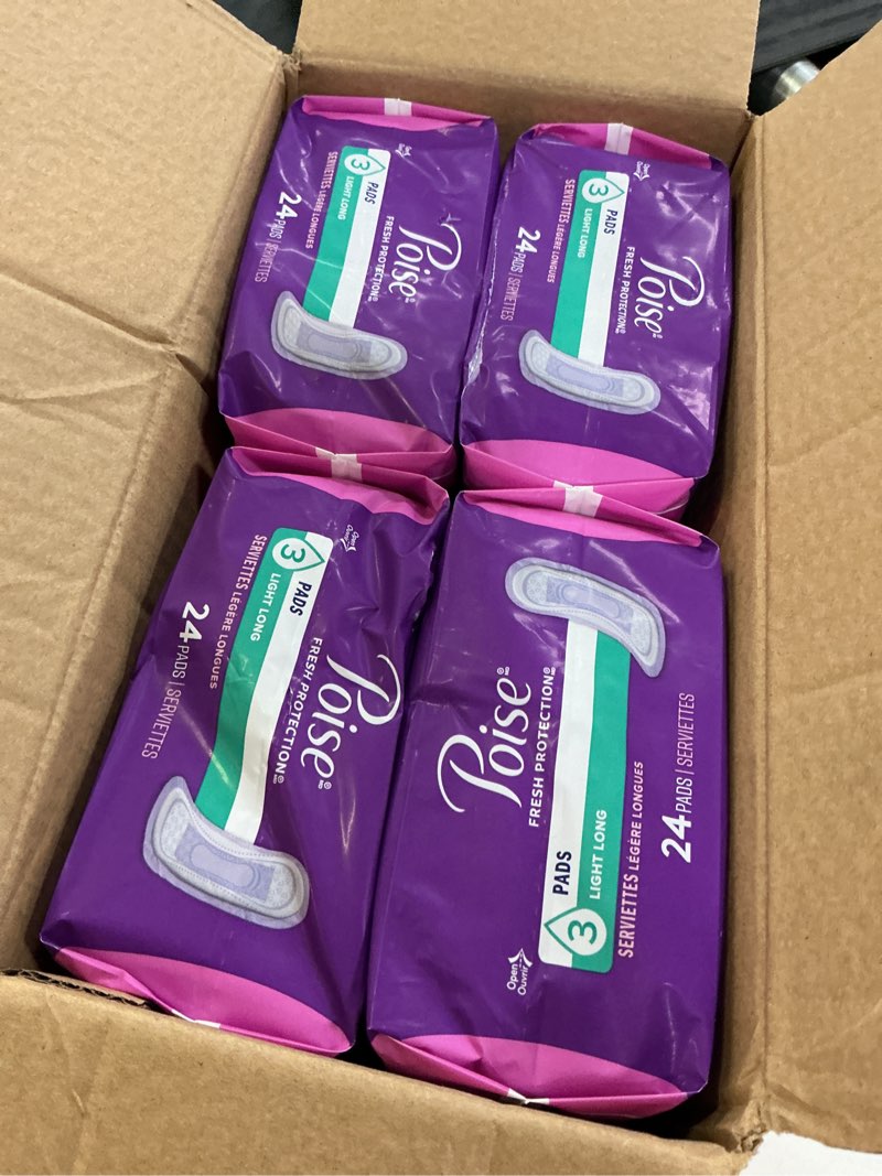 Condition photo showing New/Like New for poise incontinence pads & postpartum incontinence pads, 3 drop light absorbency, long length, 96 count (4 packs of 24), packaging may vary long 96