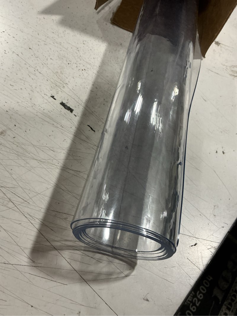 Condition photo showing As Is for clear table protector 42 x 72 inch, 1.4mm thick waterproof pvc plastic table cover, durable table pad for dining room, kitchen, writing desk, and coffee tables 42 x 72 inch rectangle clear 1.4mm