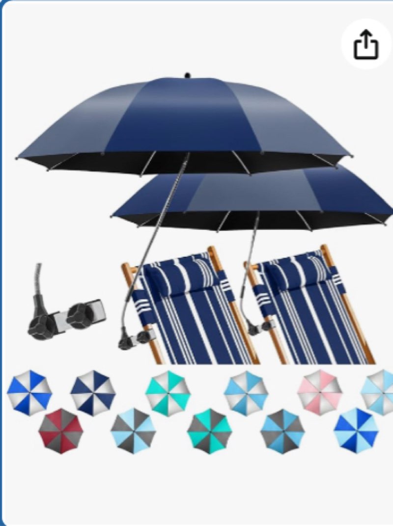 2 PACK Beach Umbrella with Clamp, 360 ° Adjustable Umbrellas for Chair, UPF50+ Umbrella for Beach Chair, Patio Chair, Wheelchair, Camping Chair, Golf Carts (Chair Not Included) 