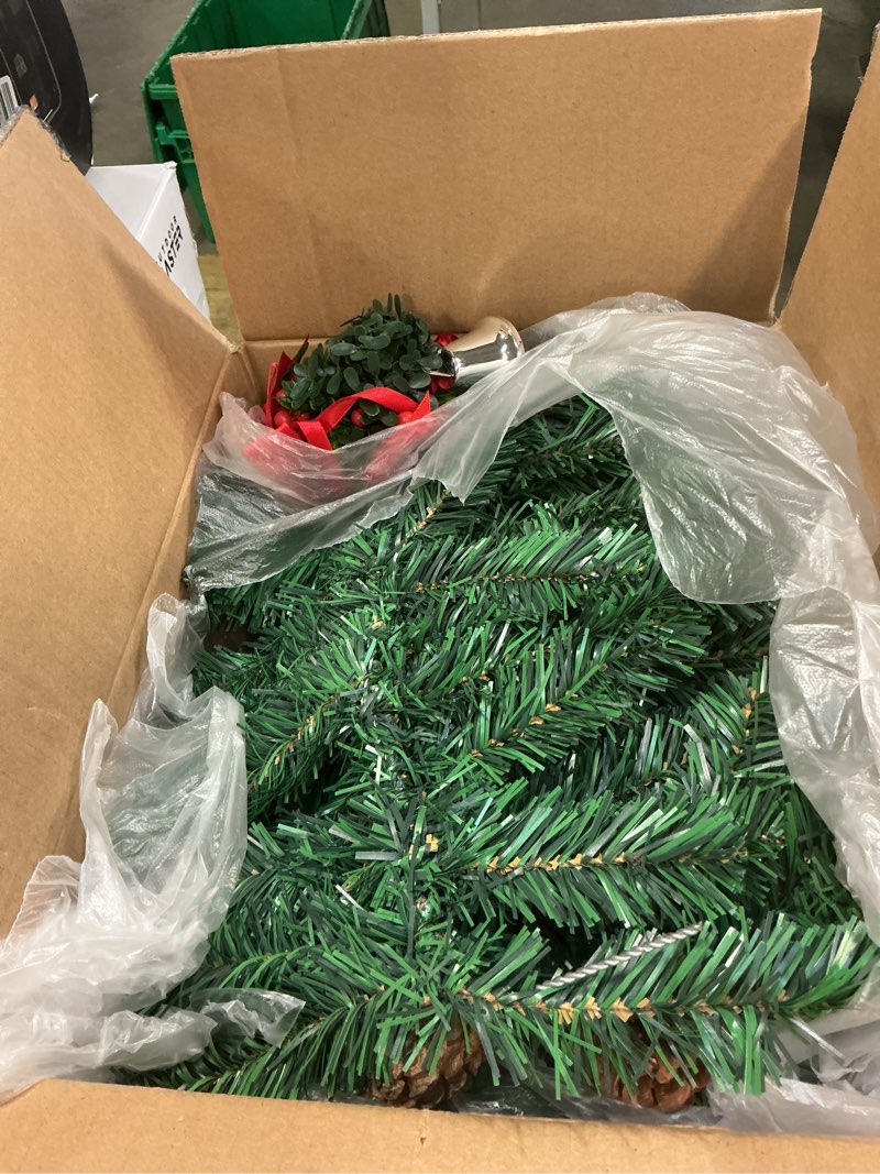 Condition photo showing Good Condition for Unittype 9 Ft Christmas Garland 5 Inch Hanging Christmas Mistletoe Balls with Bow and Bell Non Lit, Xmas Garland with Pine Cones and Poinsettia Flowers Xmas Decoration for Mantel Stairs Indoor Outdoor Pine Cone, Flower