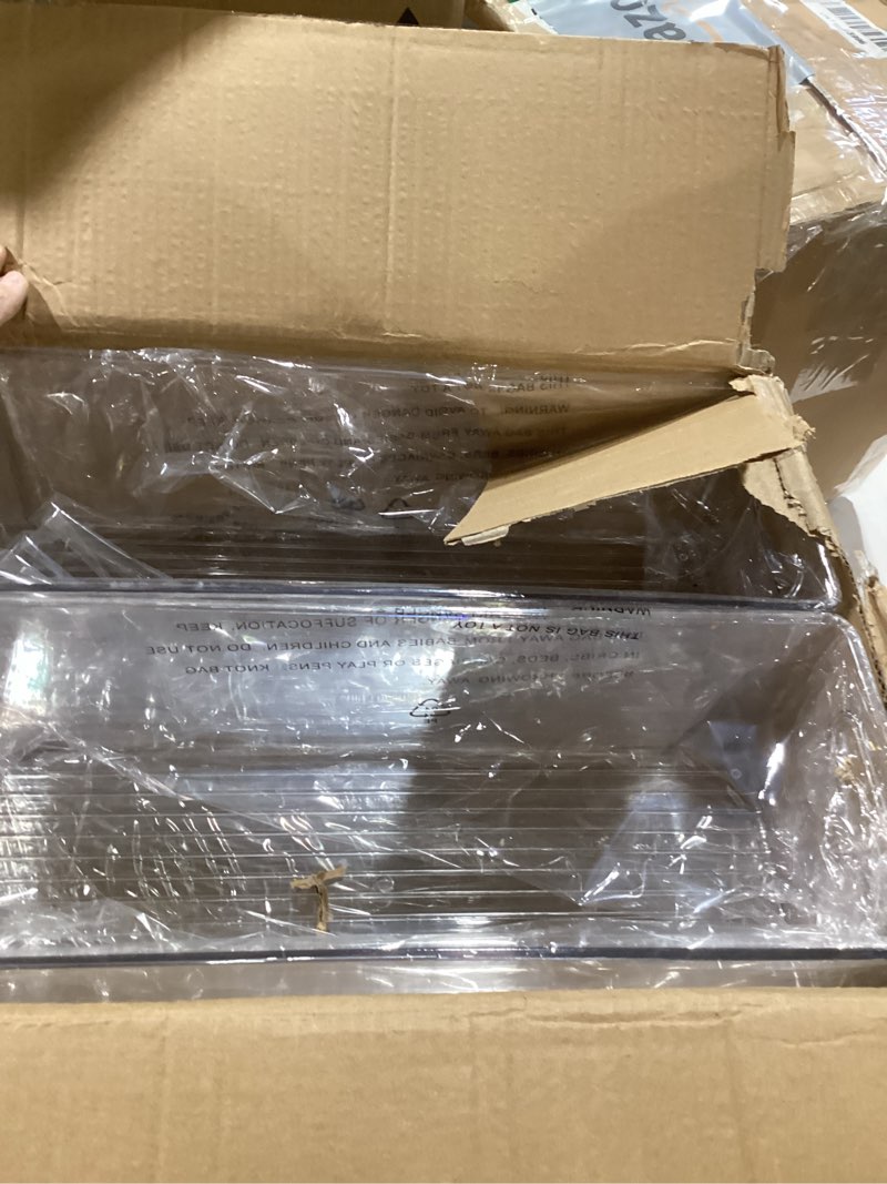Condition photo showing Good Condition for plastic food storage 4 pack clear container bin with handles for organizing kitchen, pantry, refrigerator, freezer, pantry, cabinet, closet, bathroom. 16”x6”x5” 4 16x6x5