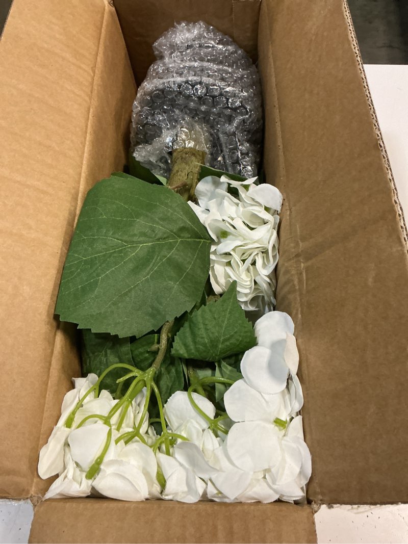 Condition photo showing Good Condition for white artificial hydrangea tree 31.5'', potted hydrangea flowers | 14 heads, faux silk flowers bush for outdoor , uv-resistant plants with pot, for home front porch patio garden room decor