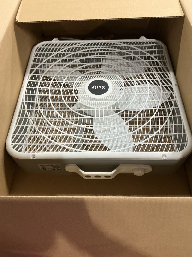 Condition photo showing Good Condition for Xcity 20 Inch Box Fan with Carry Handle, Portable Powerful and Quiet 3-speed Floor Fan with Protection Net, Durable 70W Lightweight for Bedroom Study Home Box Fan White 20"
