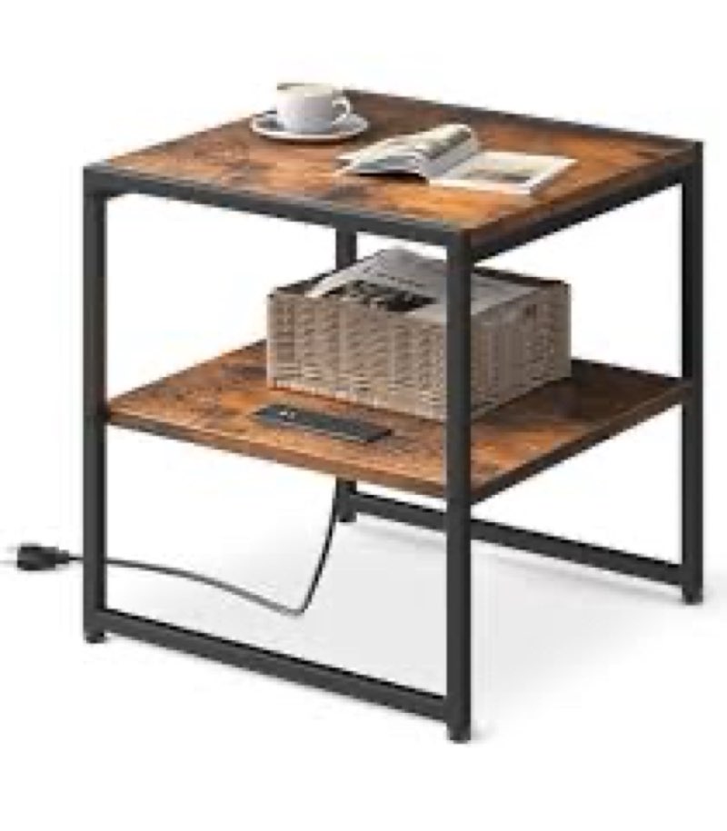 KAWIND Home Solid Wood End Table with Charging Station Compact Side Table with 2 USB Ports & 2 AC Ou