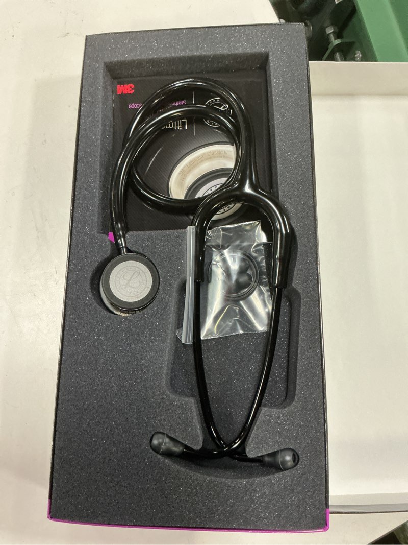 Condition photo showing Good Condition for 3m littmann classic iii monitoring stethoscope, 5803, more than 2x as loud, weighs less, stainless steel black-finish chestpiece, 27" black tube, stem and headset black tube black finish chestpiece