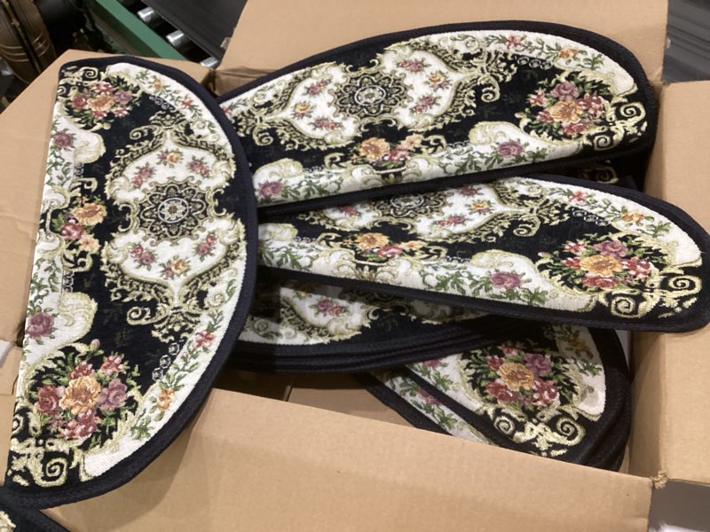 Condition photo showing As Is for floral stair treads for wooden steps non-slip flower stair carpet rubber backing stair runner reusable stair rugs indoor safety stair mats for elders kids dogs black, similar to stock photo, rounded