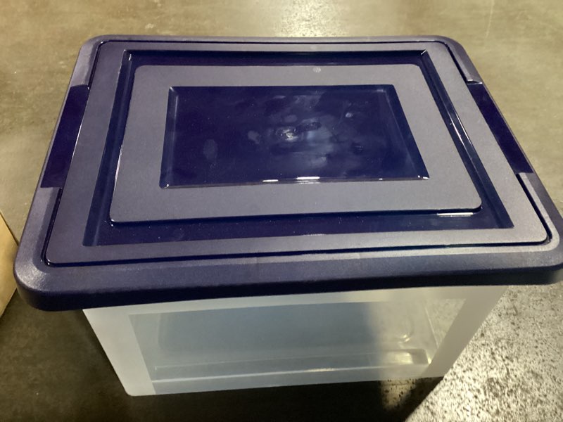 Condition photo showing Good Condition for office depot stackable file tote box, letter/legal size, 10 13/16in.h x 14 1/8in.w x 18in.d, blue/clear, 170007