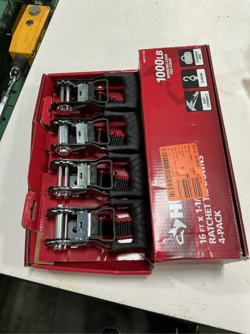 Condition photo showing As Is for 16 ft. in. x 1.25 in. ratchet tie down with s hook (4-pack)