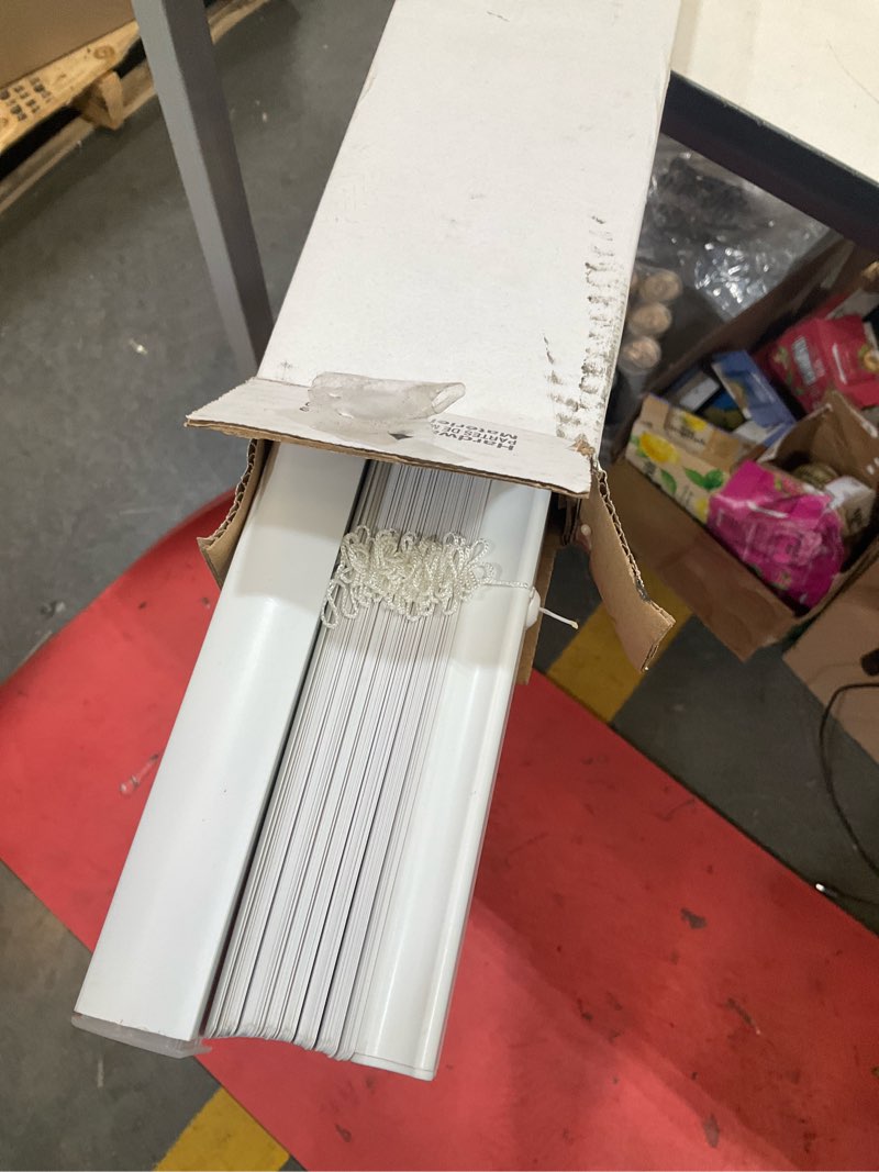 Condition photo showing As Is for project source light filtering 1-in slat width 70-in x 64-in cordless white vinyl light filtering mini-blinds