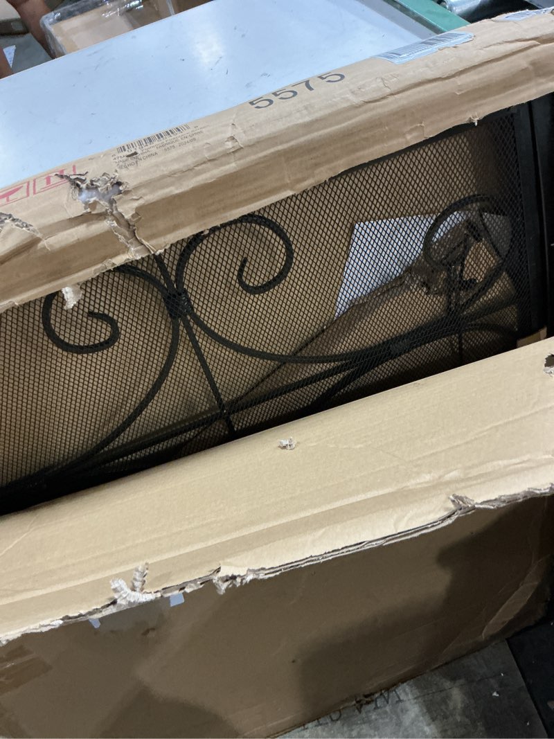 Condition photo showing Good Condition for plow & hearth metal fireplace screen florence black | 38" w x 31" h | dual magnetic hinged doors | spark guard cover | stand alone wrought iron panel fire place cover
