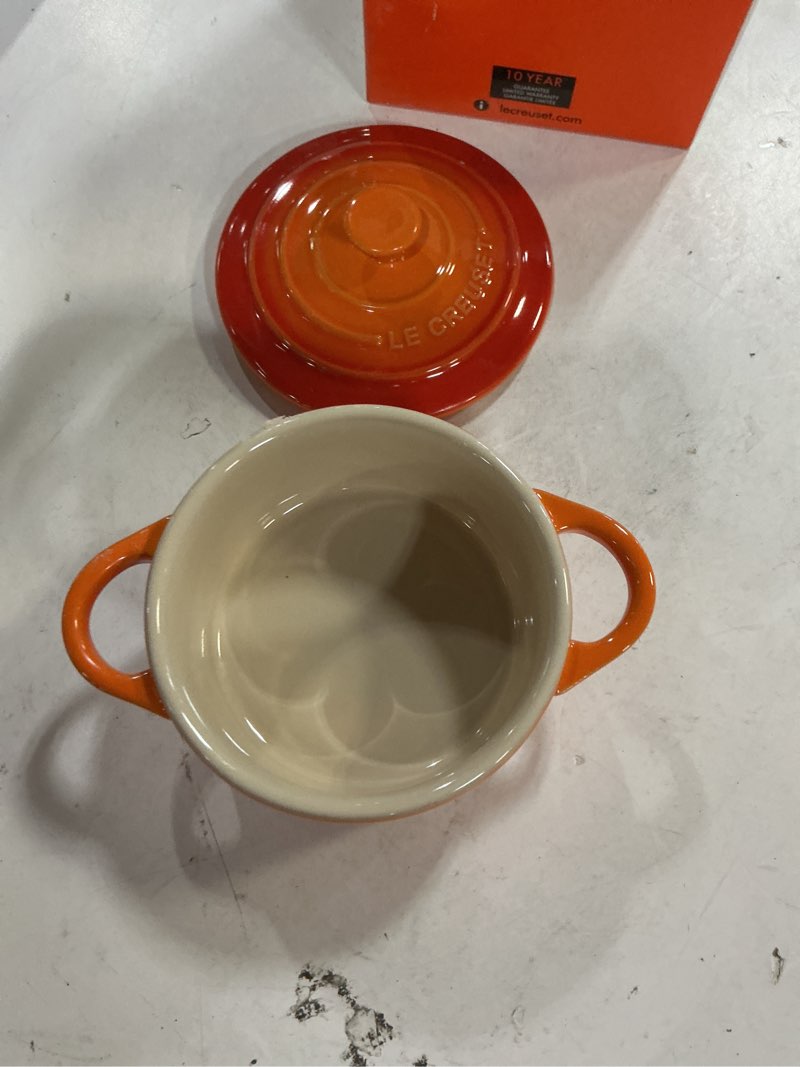 Condition photo showing Good Condition for le creuset stoneware mini round cocotte, 8 oz., flame flame 8 oz.