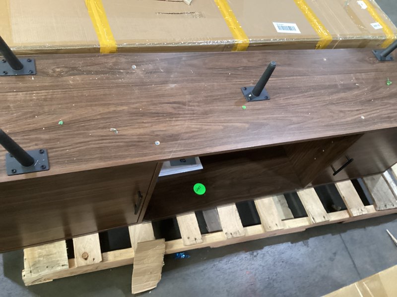 Condition photo showing As Is for Walker Edison Saxon Mid Century Modern 2 Door Glass Shelf TV Stand for TVs up to 80 Inches, 70 Inch, Dark Walnut