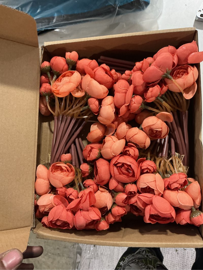 Condition photo showing Good Condition for 32pcs burnt orange ranunculus artificial flowers home wedding decor | faux silk mini ranunculus, peony look, 32pcs bulk, for bouquets, centerpieces, bridal shower, home decor