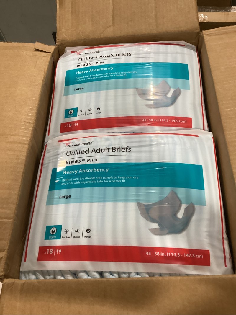 Condition photo showing New/Like New for cardinal health™ quilted adult briefs, wings™ plus, heavy absorbency, size large, unisex adult briefs, disposable incontinence diapers with refastenable tabs – case of 4 bags of 18 briefs (72 total) large case of 72