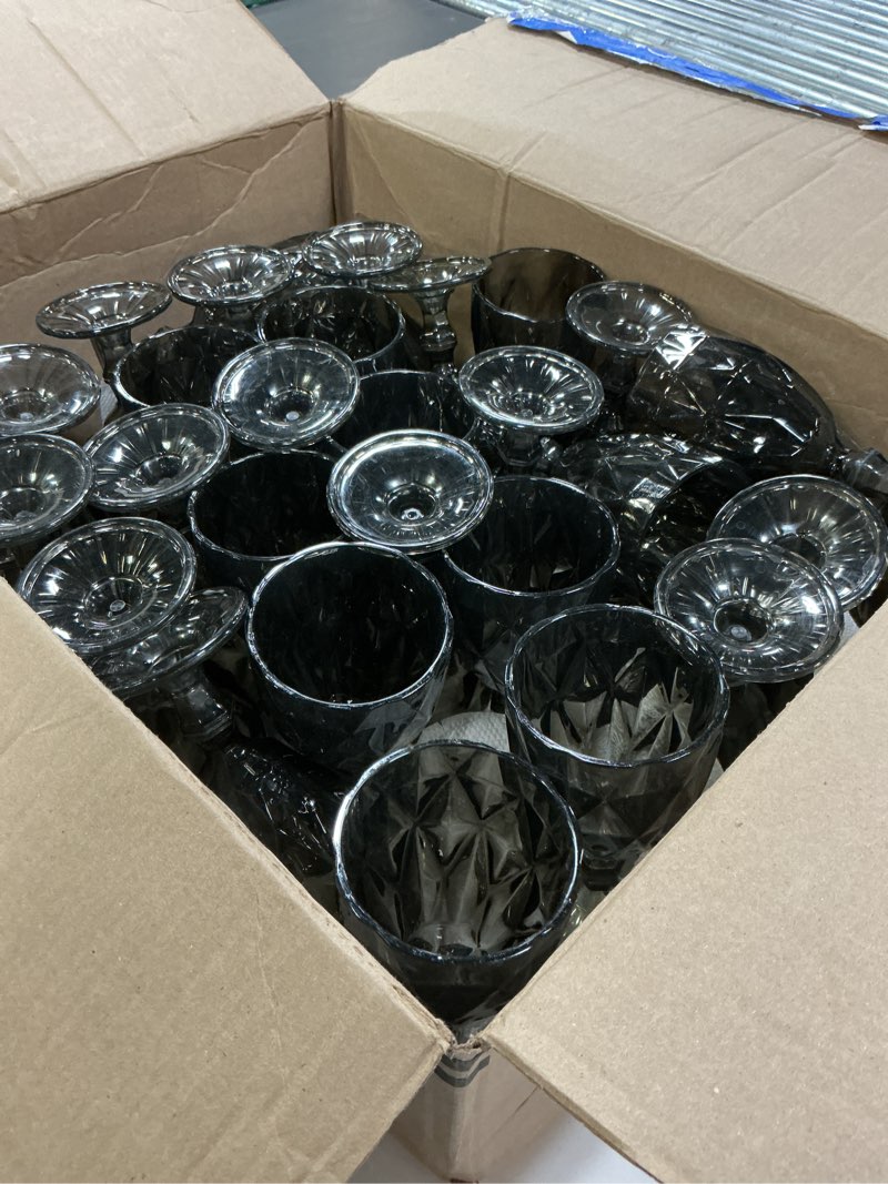 Condition photo showing As Is for 16 Pack Vintage Wine Glasses, Plastic Reusable 12 Ounce Colored Water Goblets, Unique Embossed Pattern Unbreakable Stemmed Wine Glasses, High Clear Wedding Party Bar Drinking Cups Black