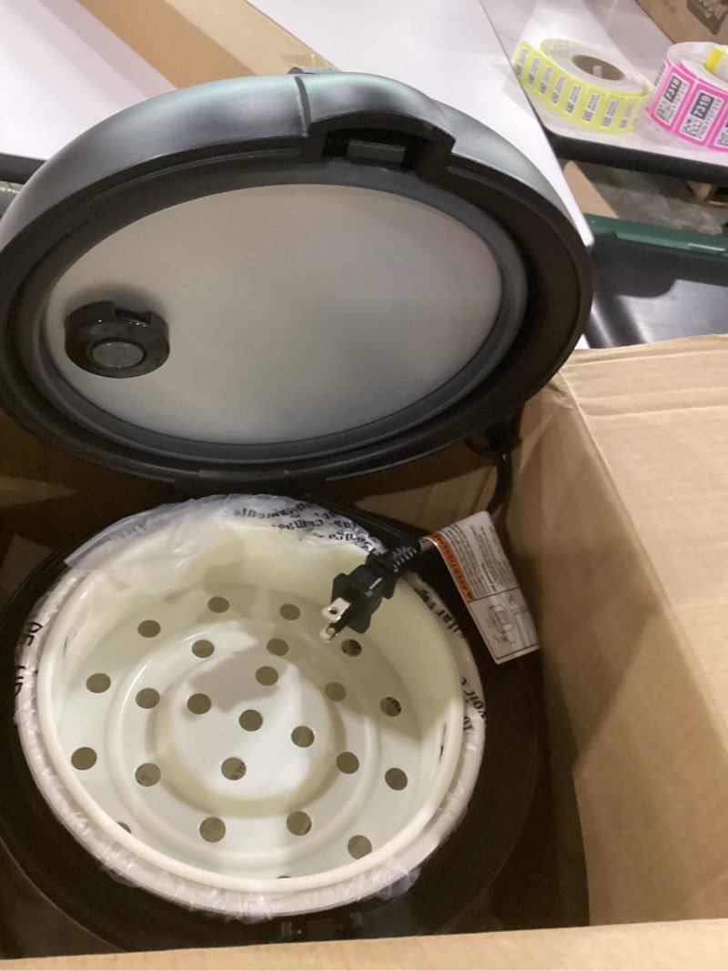 Condition photo showing New/Like New for comfee' compact rice cooker, 6-in-1 stainless steel multi cooker, slow cooker, steamer, saute, and warmer, 2 qt, 8 cups cooked(4 cups uncooked), brown rice, quinoa and oatmeal, 6 one-touch programs 6 presets_4 cups uncooked
