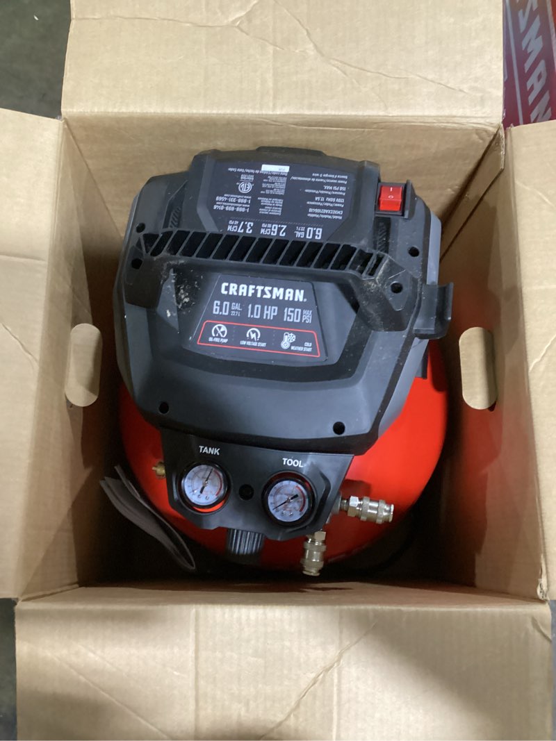 Condition photo showing As Is for craftsman 6-gallon portable electric 150 psi pancake air compressor