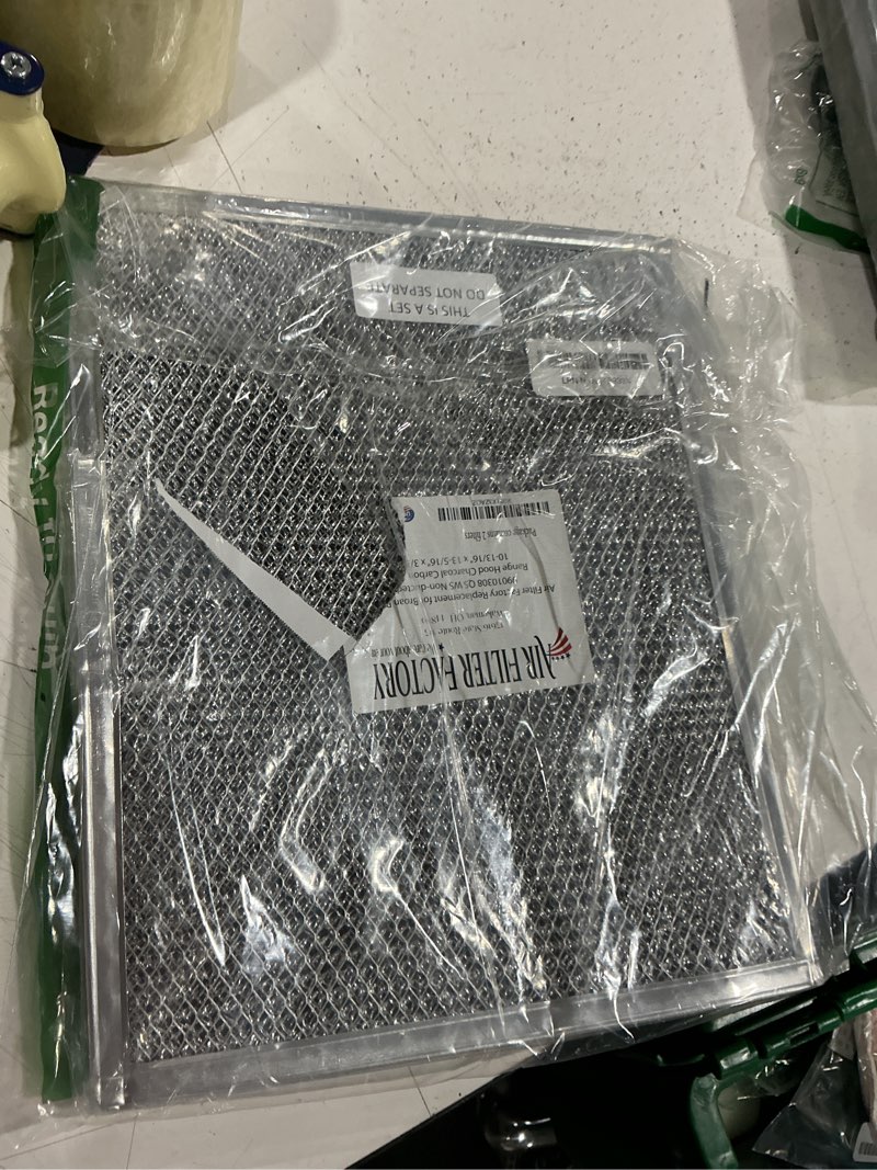 Condition photo showing As Is for air filter factory carbon filter bpsf30 99010308 replacement for broan qs ws non-ducted measures 10-13/16" x 13-5/16" x 3/32" usa made range hood charcoal carbon filters 2-pack